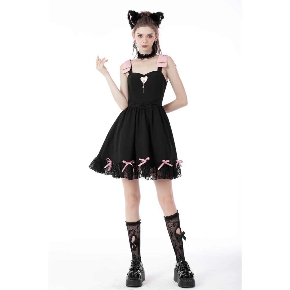 DARK IN LOVE Sleeveless Black/Pink Rock Doll Heart Bow Dress